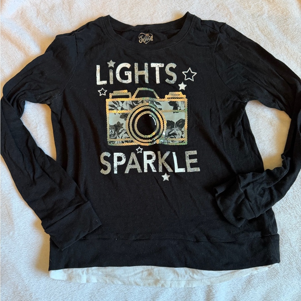 Justice Black Long Sleeve Tee with Camera Design Lights Sparkle